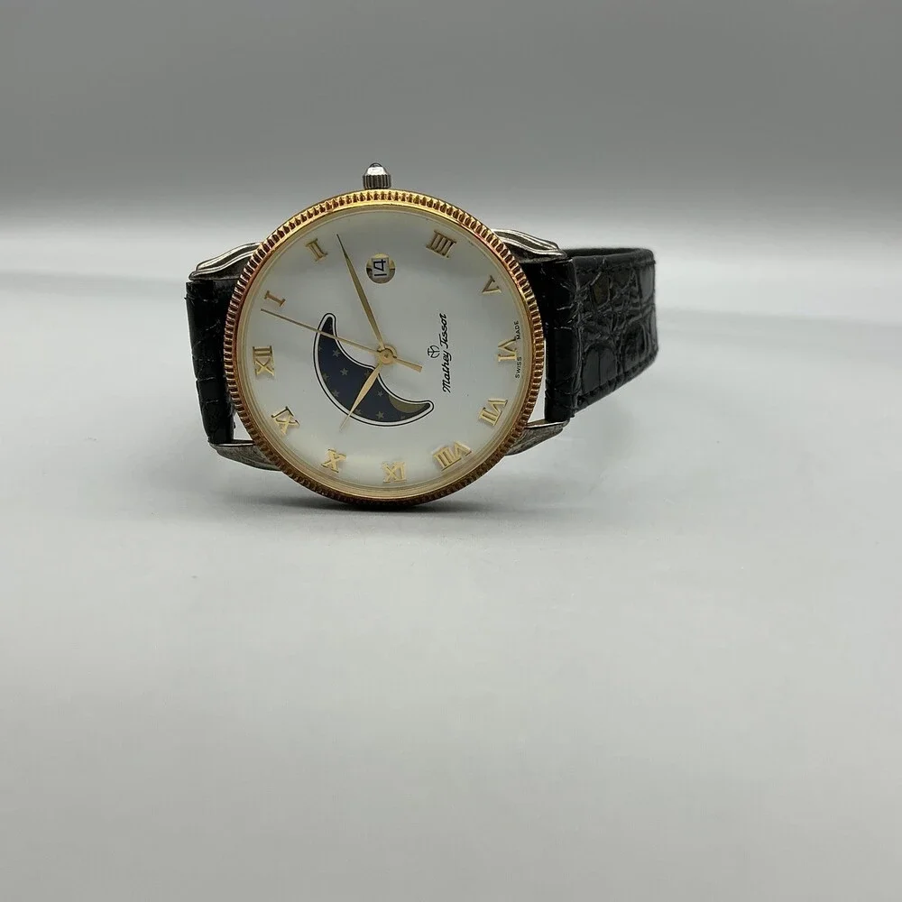 Mathey-Tissot Mens Watch 34mm Moon Phase Leather Date Swiss Made New Battery